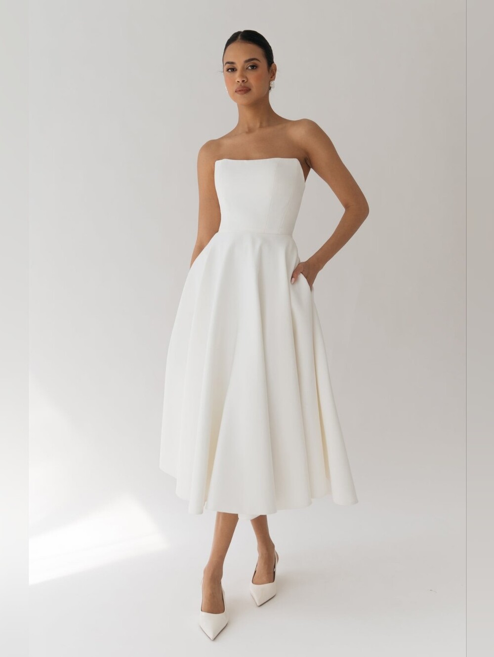 Jenny Yoo Carrie Tea Length Wedding Dress Fit & Flare Pockets Ivory Sz 22 Bridal